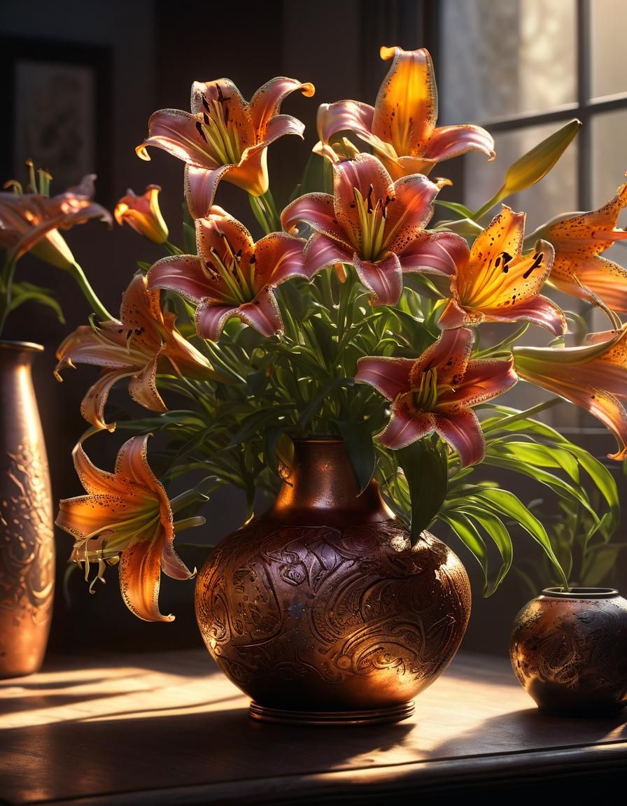 Neon Lilies in Copper Vase: Hyper-Realistic Still Life