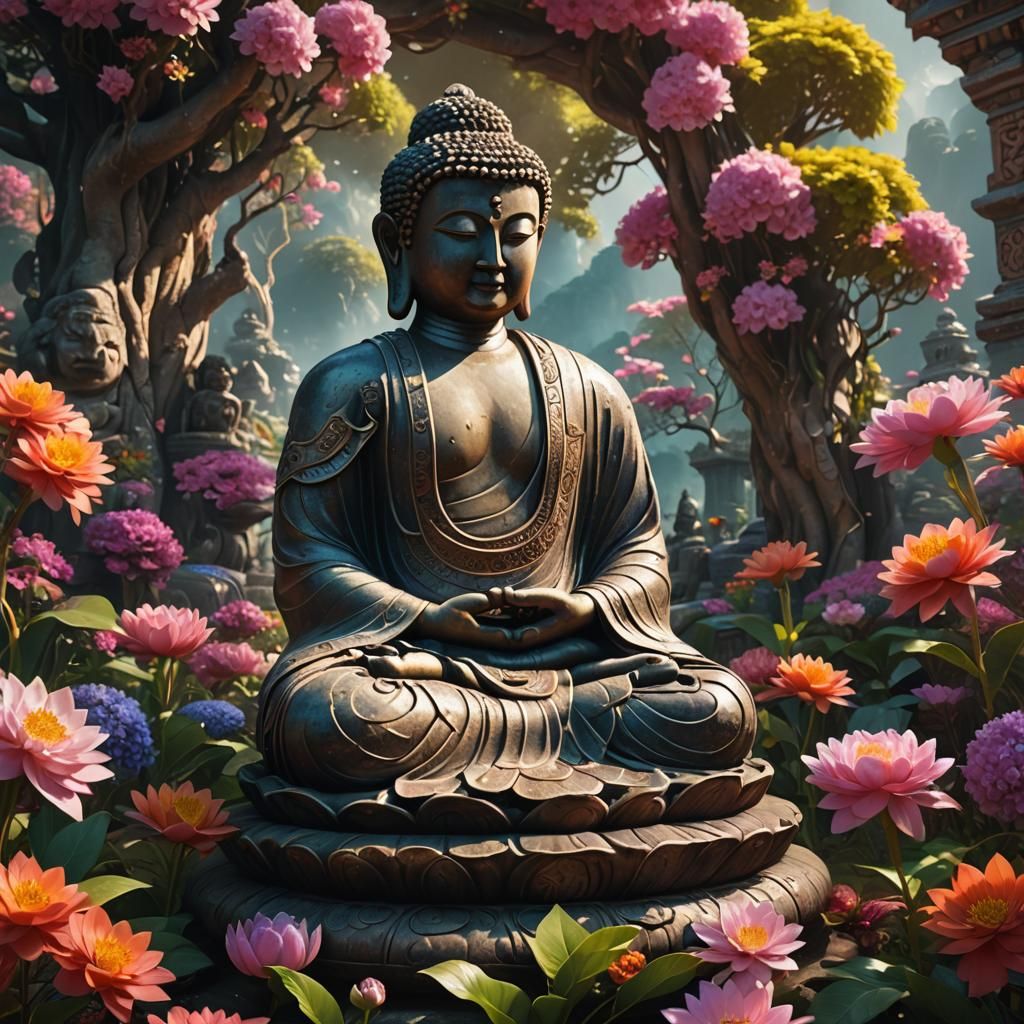 Serene Buddha Statue Surrounded by Flowers