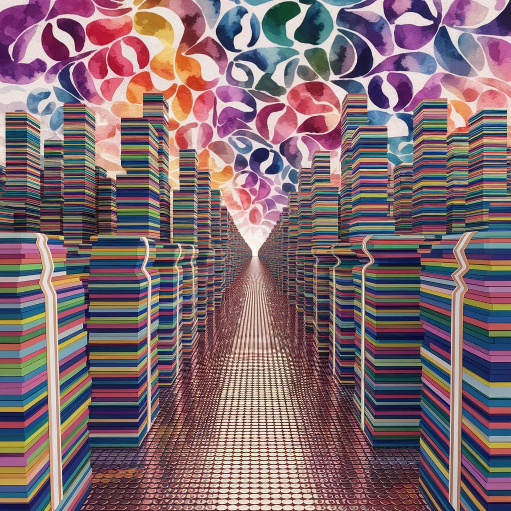 Geometric Fauvist Cityscape of Banknote Buildings