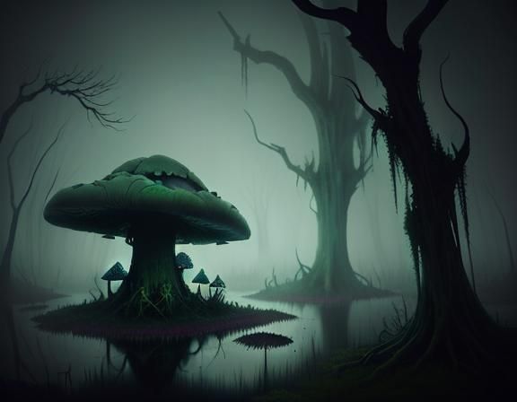 Bullywug in Misty Swamp: Dark Fantasy Illustration