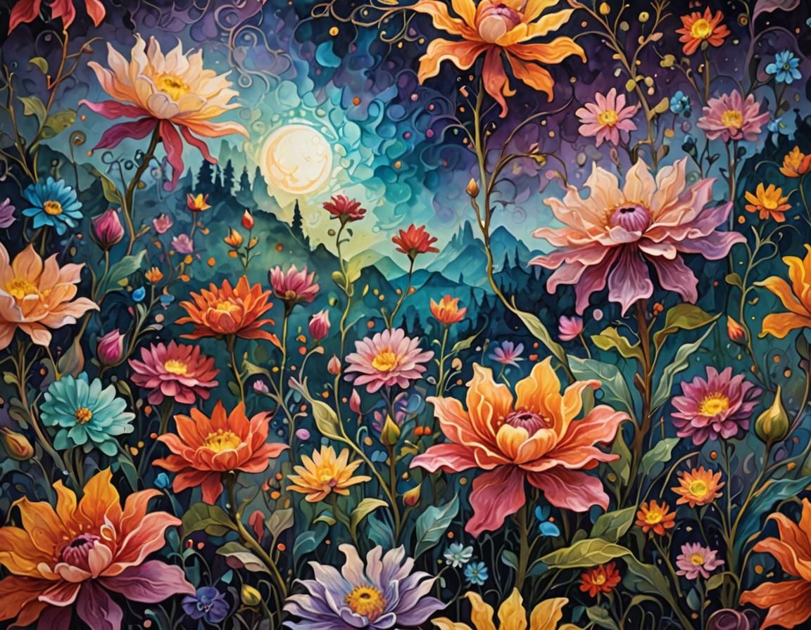Tachisme Dynamic Brushwork stunning landscape flowers aura Iridescence filigree Wols