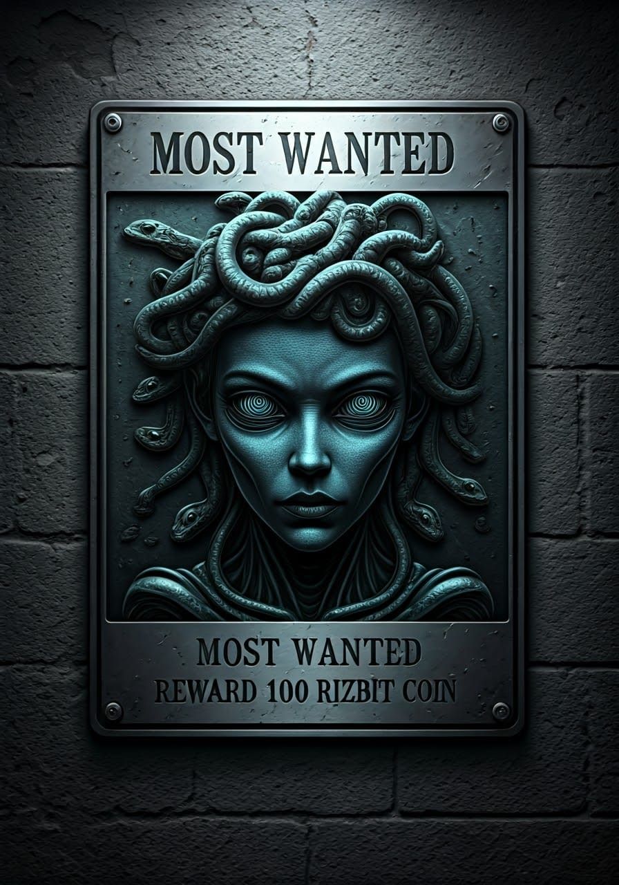 Neon Alien Medusa Plaque on Dystopian Brick Wall