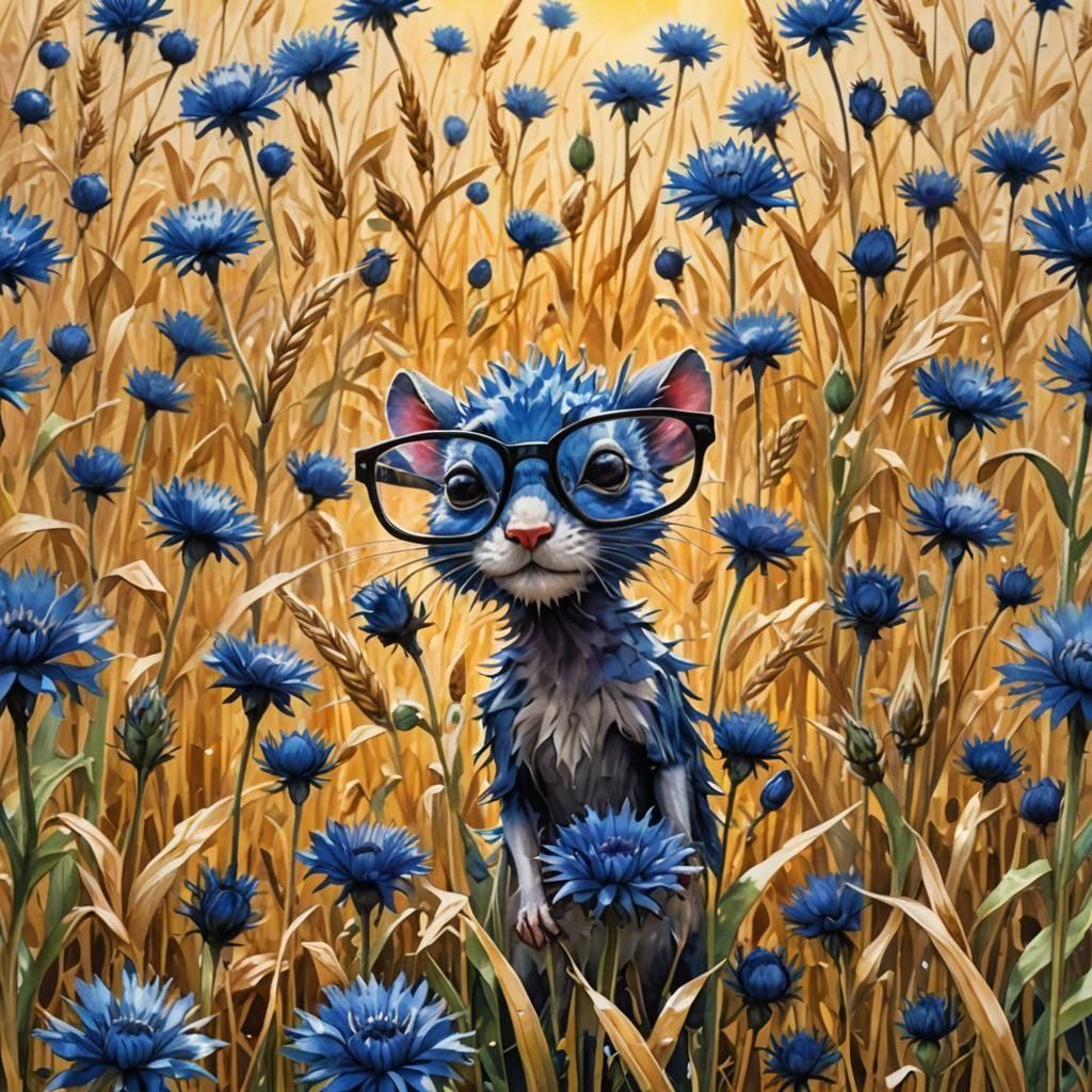 Watercolor Mice in Wheat Field with Cornflowers