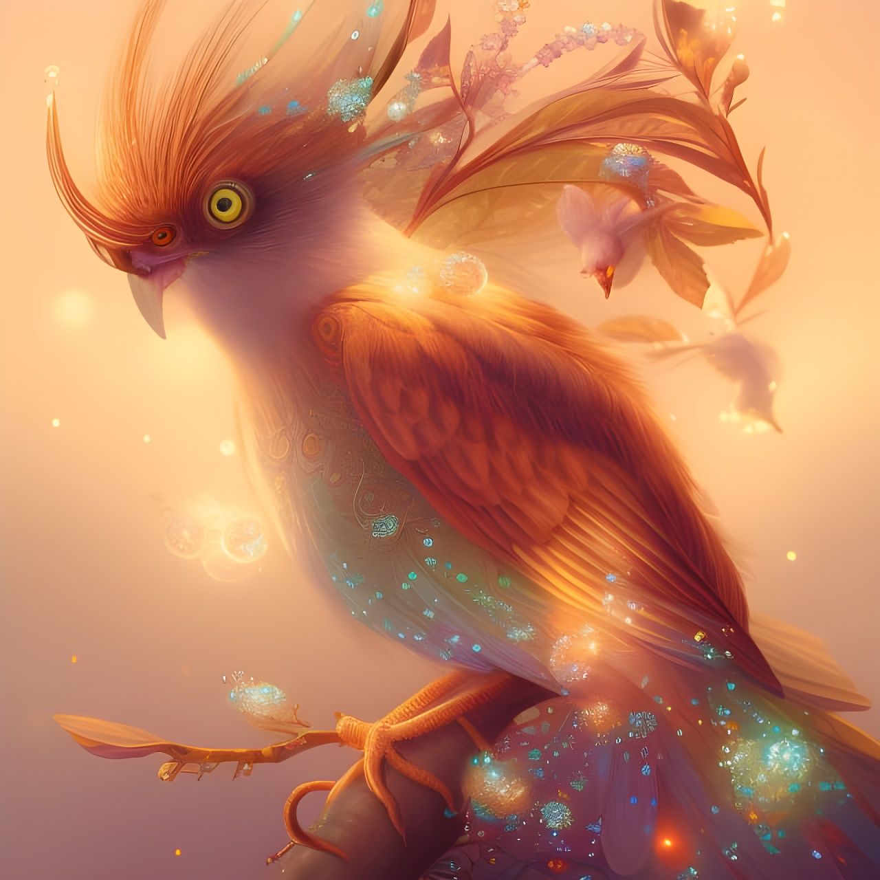 Luminous Bird Surrounded by Crystal Sparkles