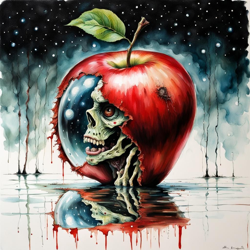 Hyperdetailed Zombie Apple Reflecting in Space