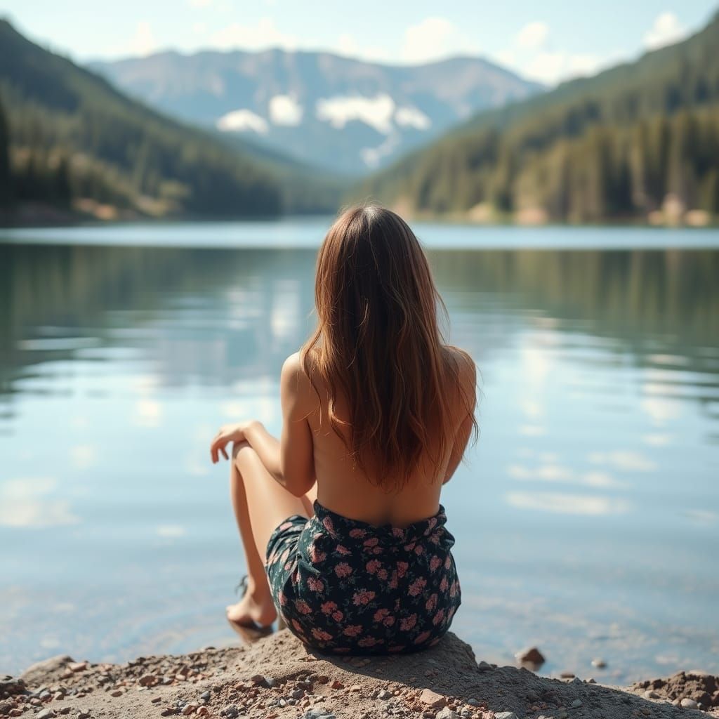 Woman Sits by Lake in Peaceful Reflection