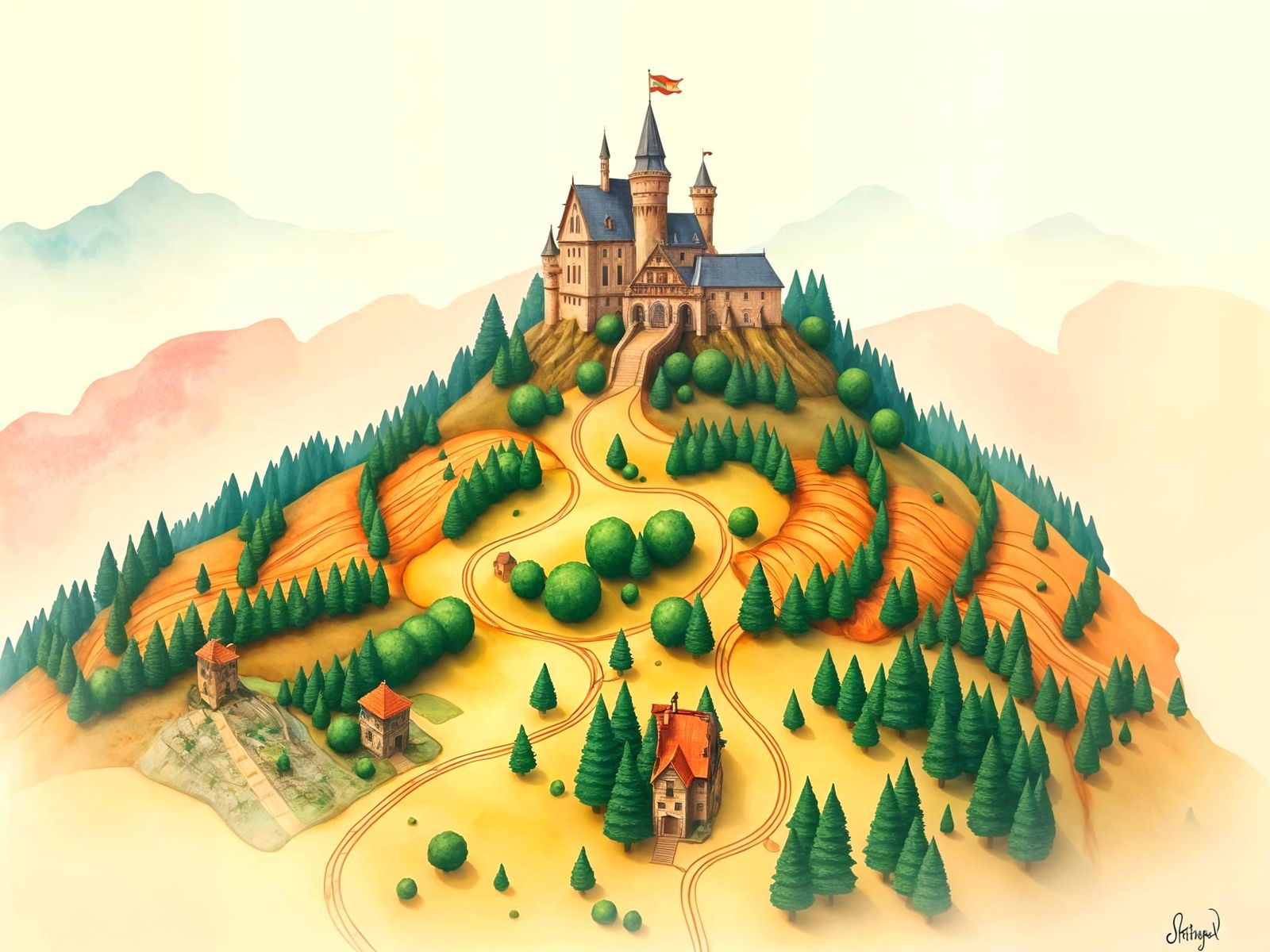 Enchanted Watercolor Map with Whimsical Castle