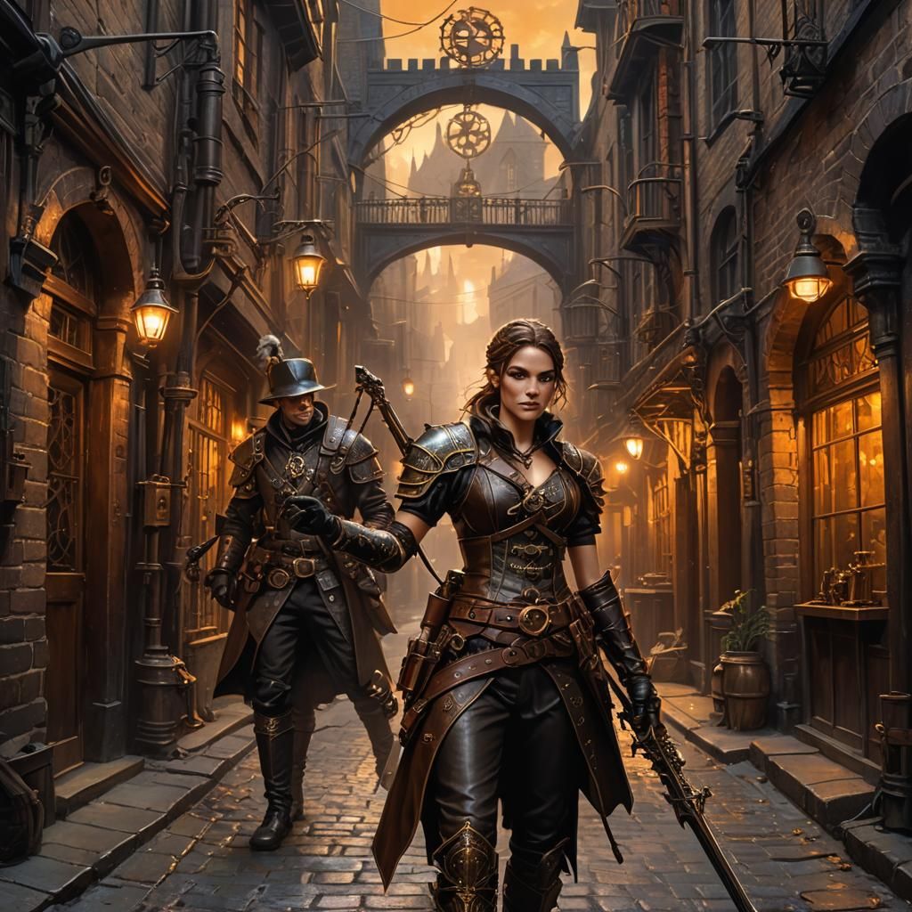 Steampunk Half-Elf Witch Hunter in Medieval Alleyway