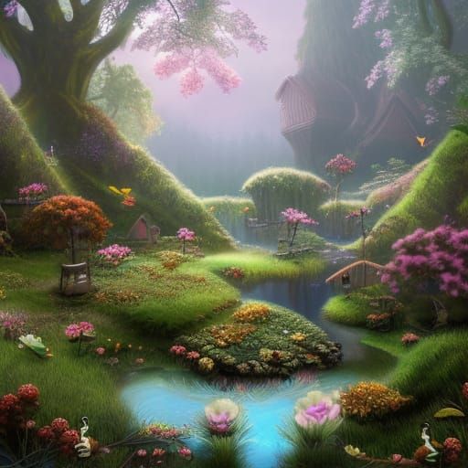 Rainy Fairy Village Pond: Digital Matte Painting
