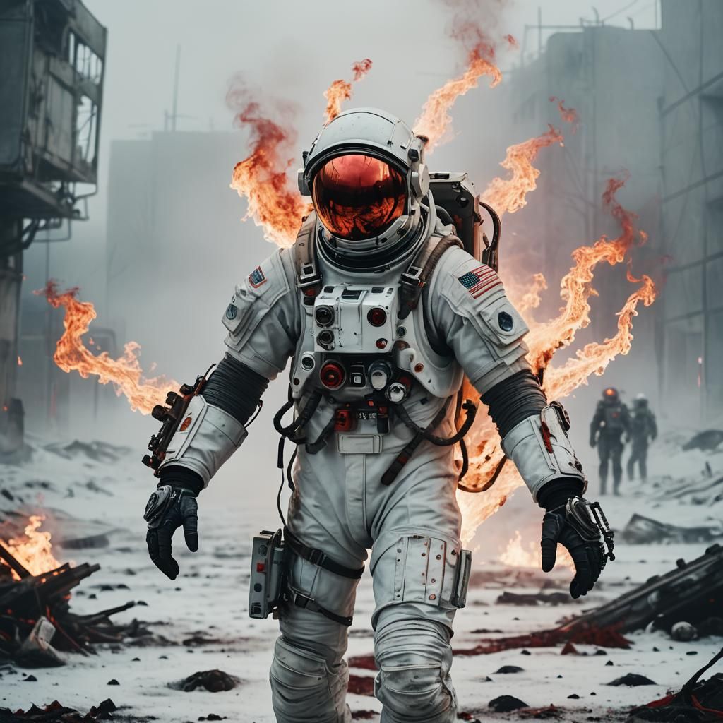 Biomechanical Astronaut in Burning Wasteland: Sci-Fi Photogr...