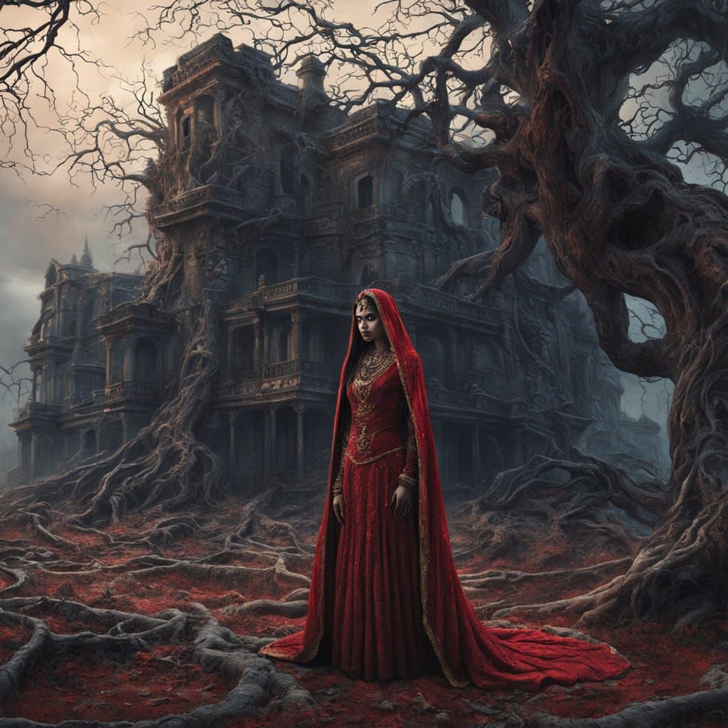 Mysterious Indian Vampire in Crimson Hobble Dress