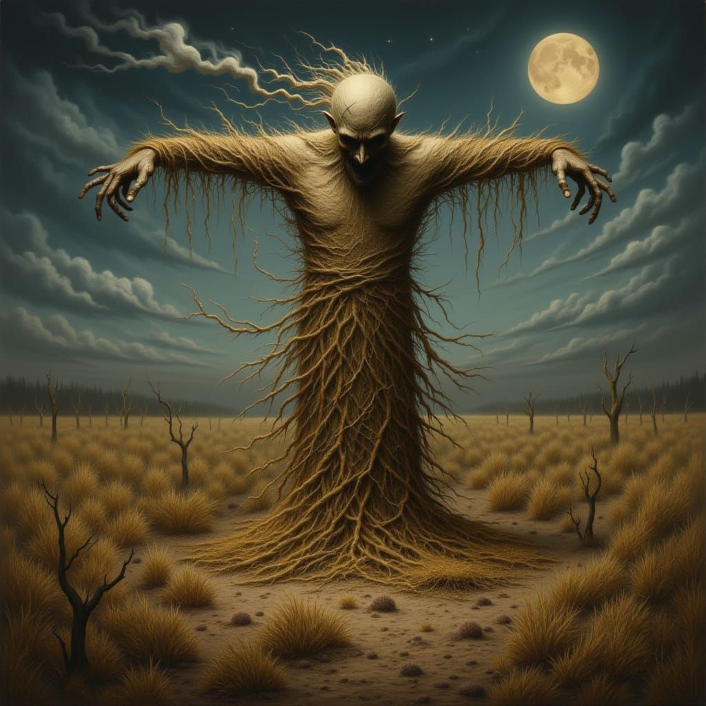 Macabre Scarecrow in Moonlit Field