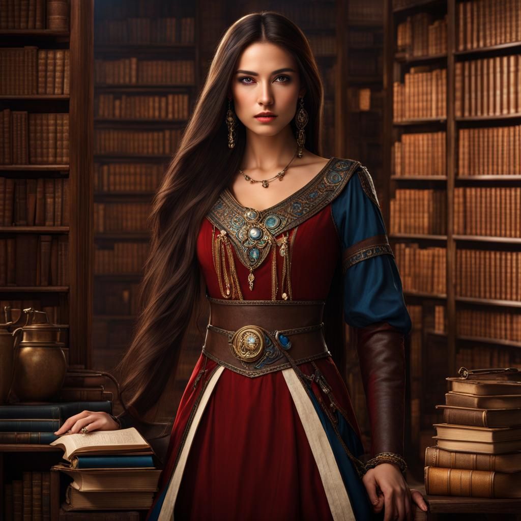 Ethereal Woman with Rapier in Lavish Library