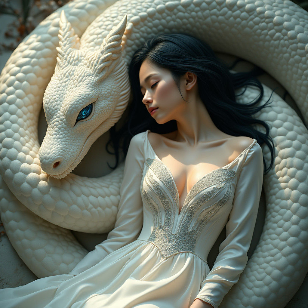 Woman Protected by White Serpent in Enchanting Scene