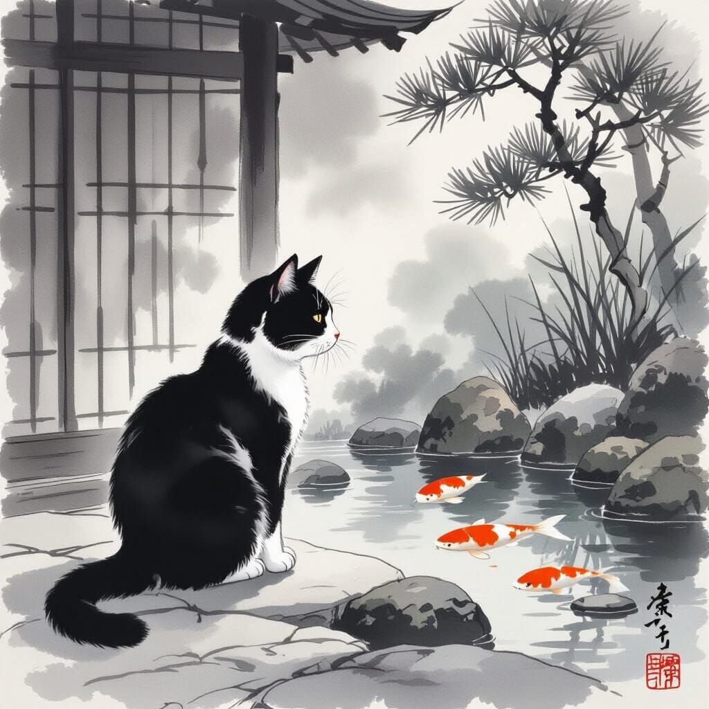 Monochrome Cat in Zen Garden, Kano Style
