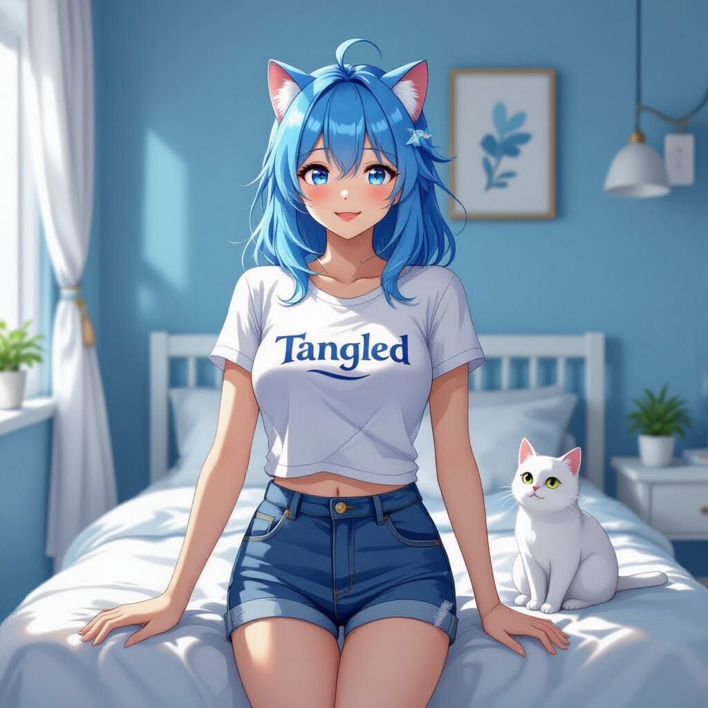 Gawr Gura Smiles in Blue Bedroom with White Cat