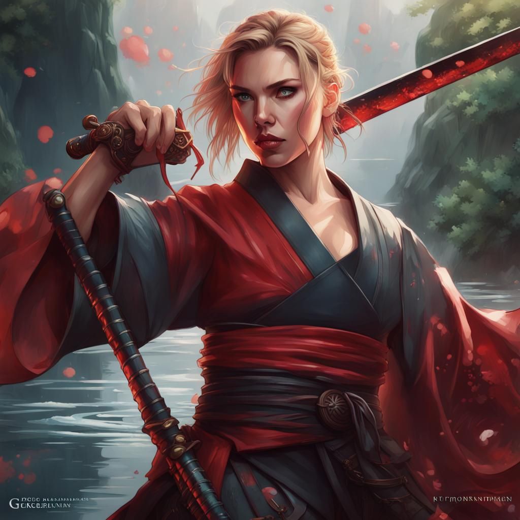 Anime Samurai Water Swordswoman in Dark Light