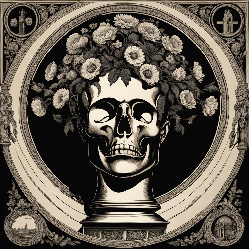 Skull Vase with Black Flowers on Altar