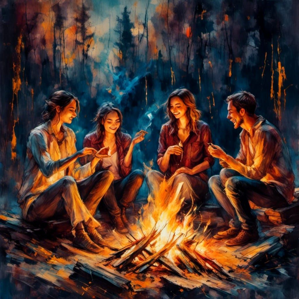 Impressionist Campfire Scene with Friends and Dancing Flames