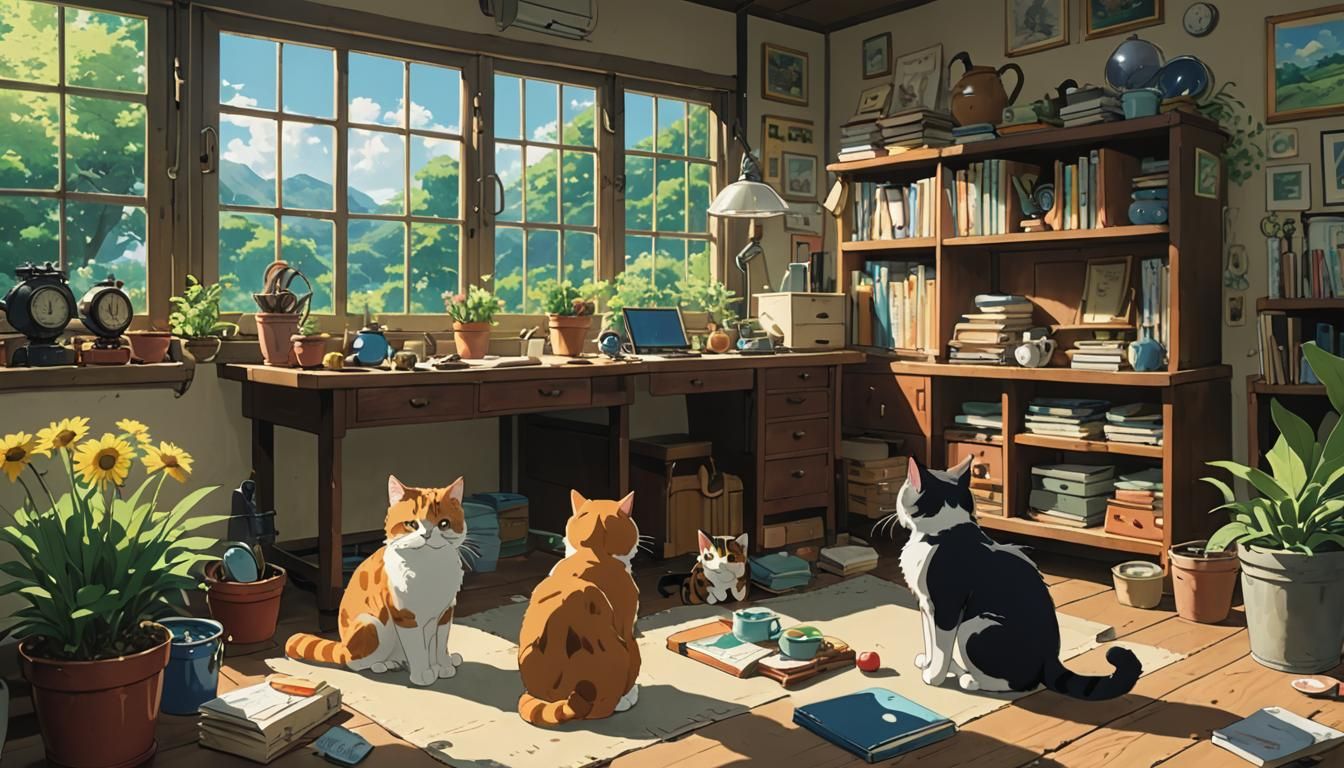 Cats' Hobbies: Anime Key Visual in Ghibli Style