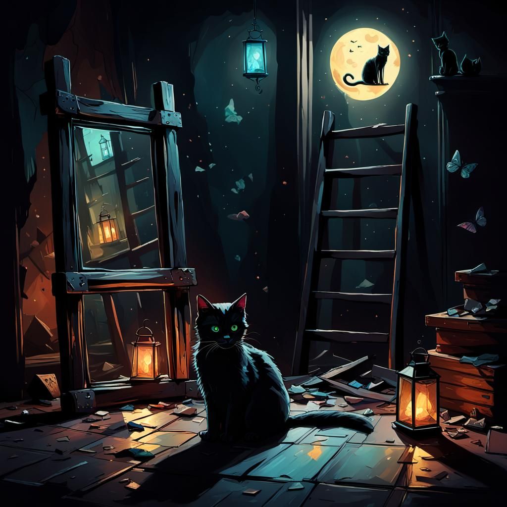 Ominous Macabre Art with Black Cat and Broken Mirror