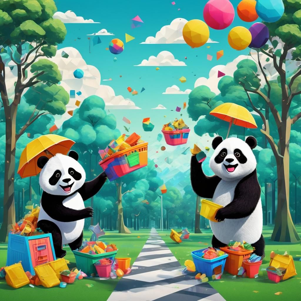 Cartoon Animals Collect Trash in Bauhaus Pop Art