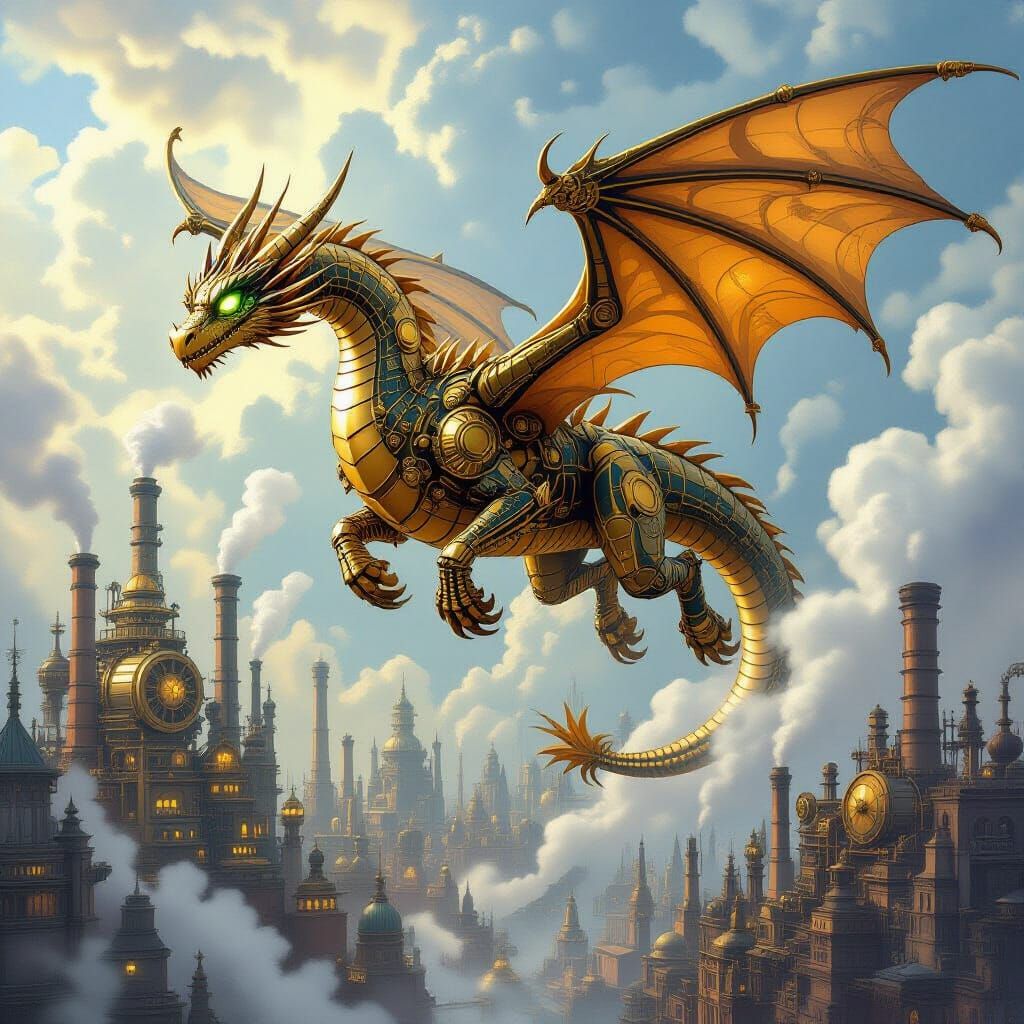 Clockwork Dragon Soaring Over Steampunk Metropolis