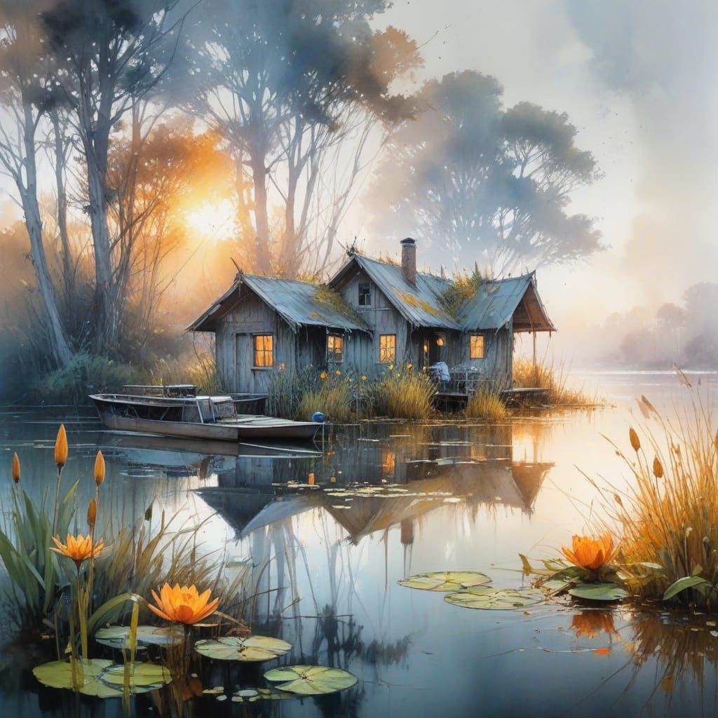 Cozy Houseboat in Misty Morning Watercolor Style
