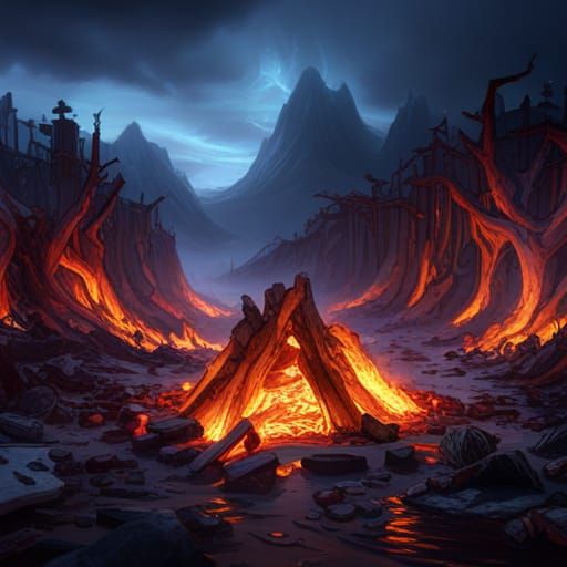 Fiery Campfire in Dark Fantasy Style