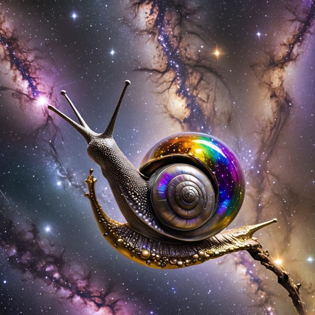 Rainbow Snail's Cosmic Flight in Surreal Style