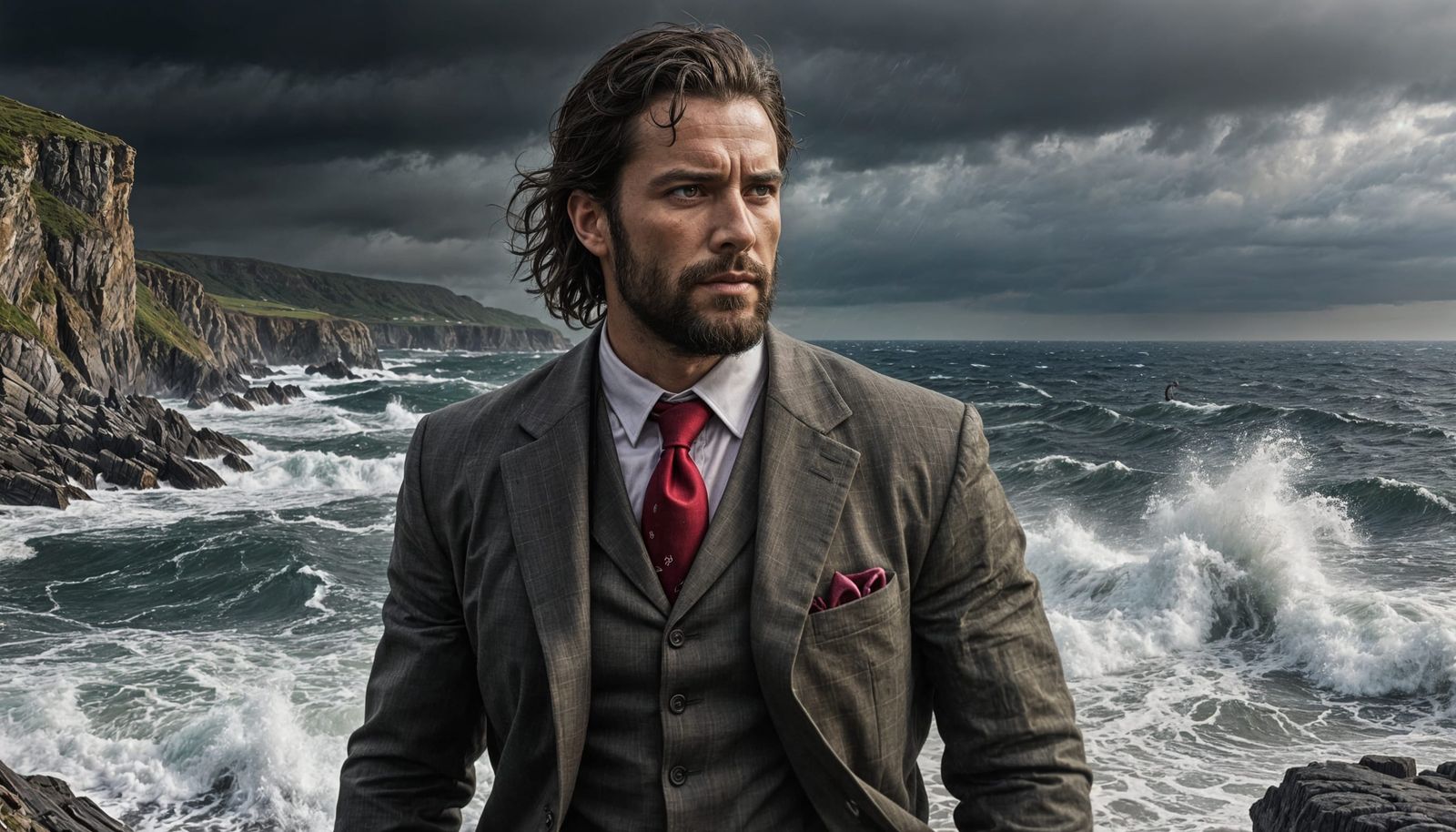 Man on Rocky Cliff Stares into Stormy Sea in a Gritty Landsc...