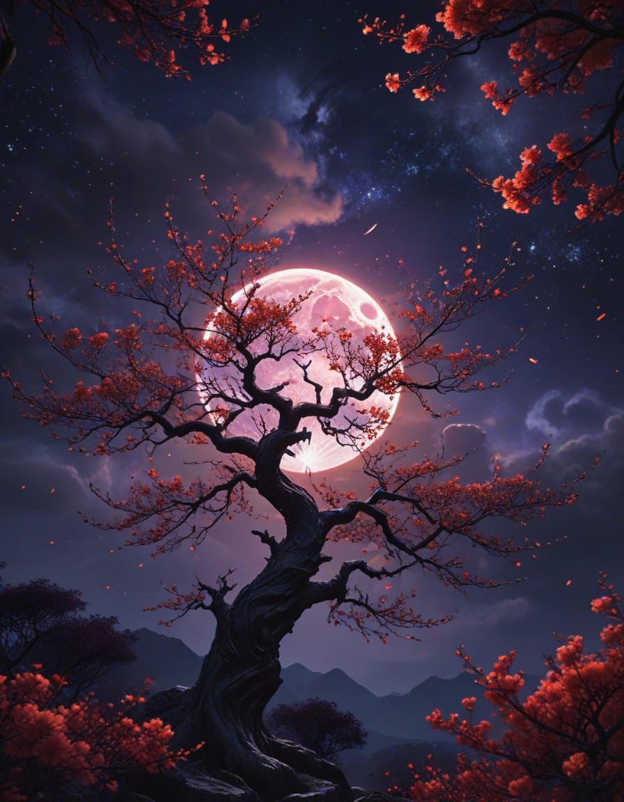 Anime Full Moon Through Crimson Blossoms
