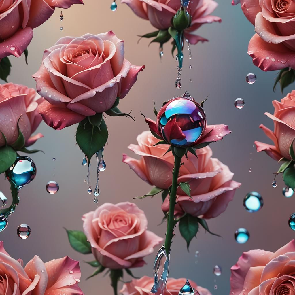 Low-Poly Surrealist Rose with Water Droplet