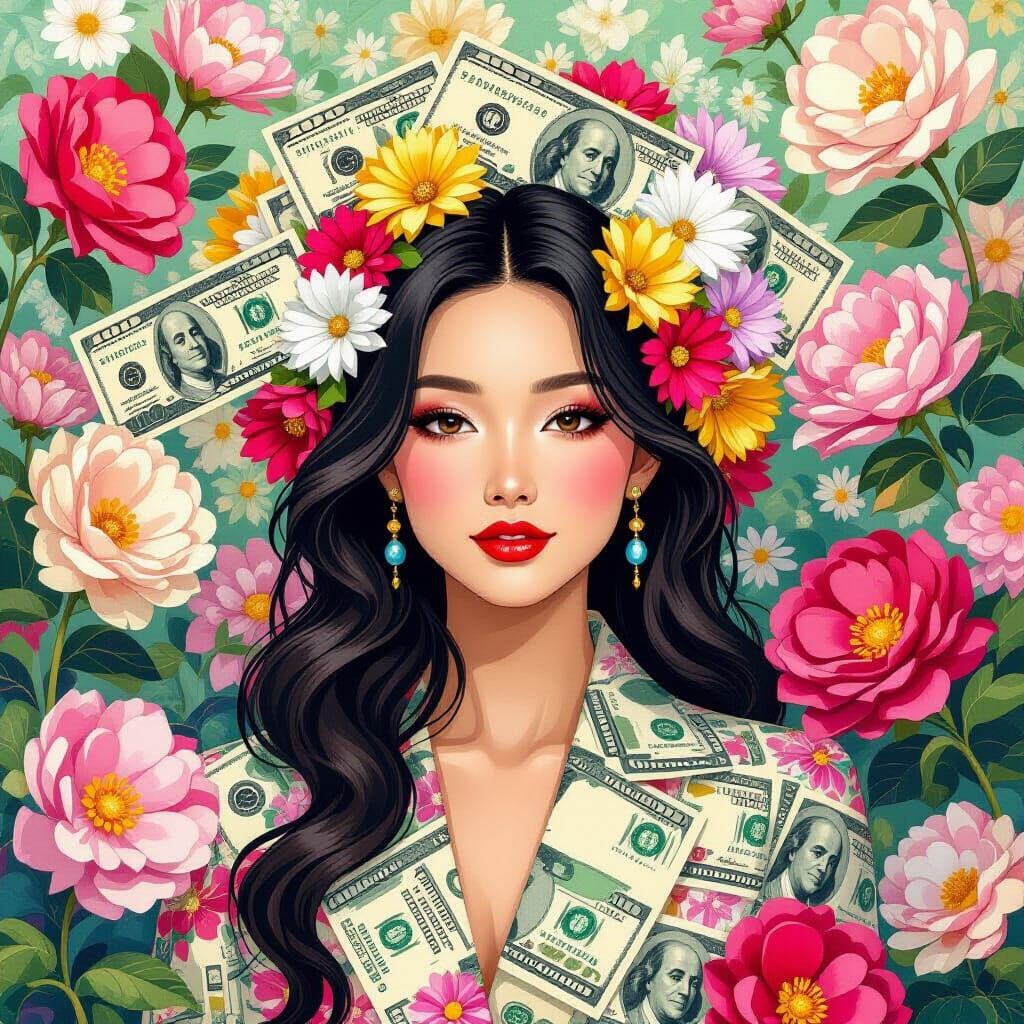 Woman Surrounded by Currency Flowers in Surreal Style