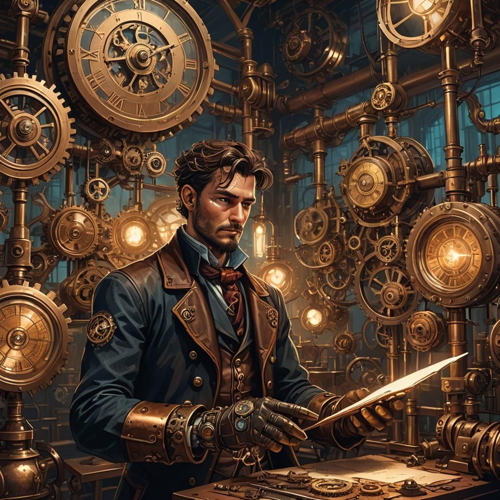Steampunk Inventor Surrounded by Clockwork Gears