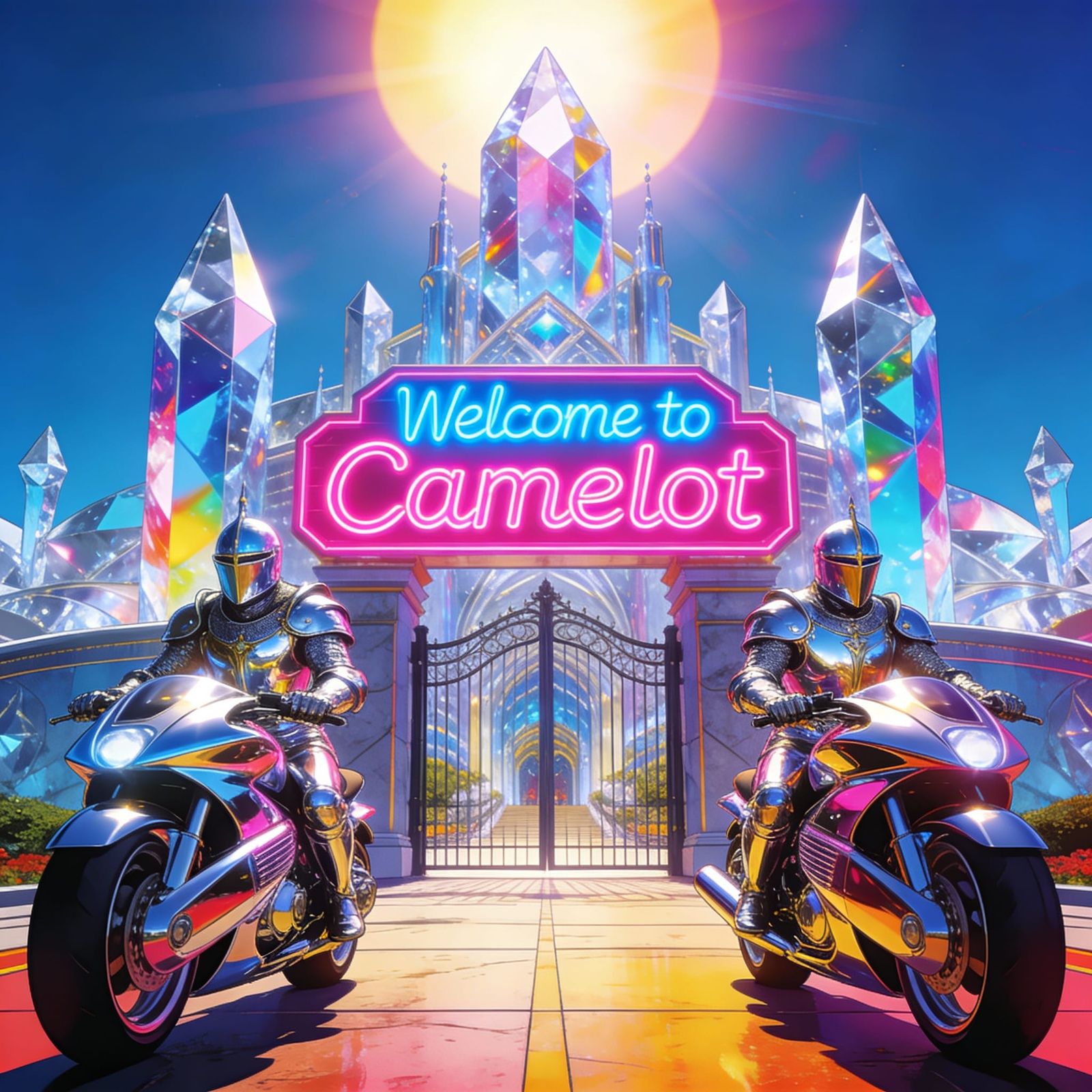 Futuristic Crystal Palace Guarded by Cyber Knights on Motorc...