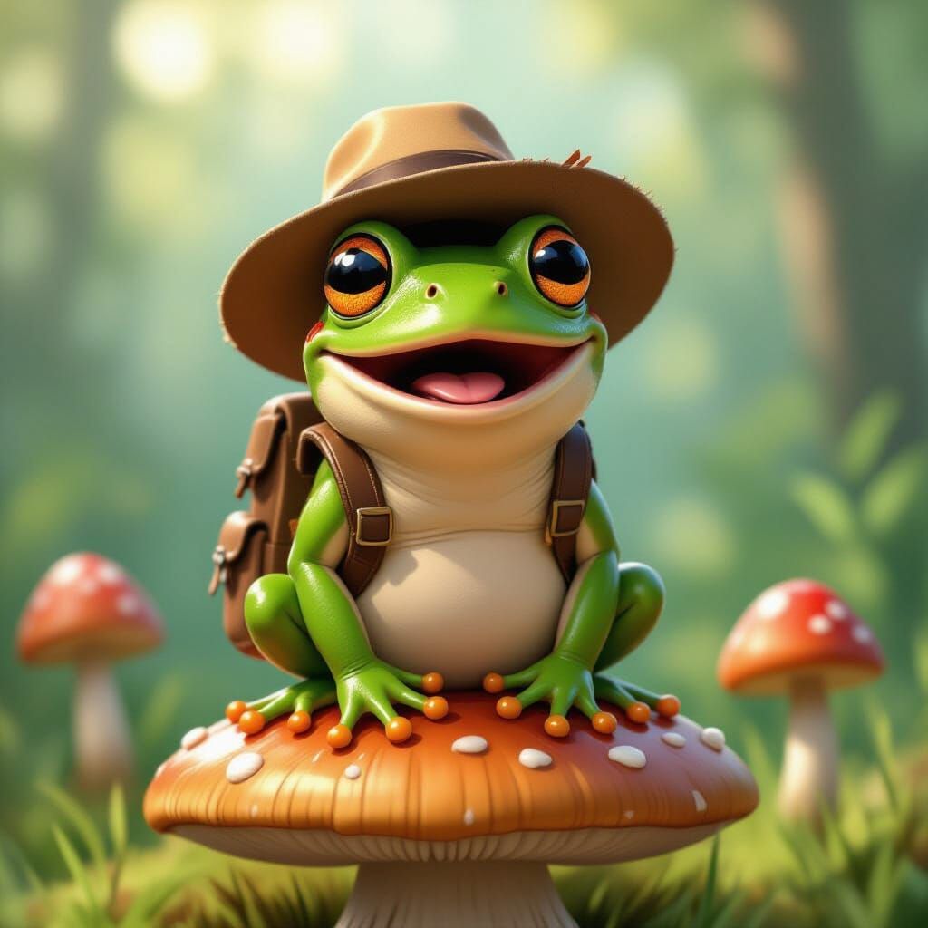 Surprised Frog with Backpack in Pixar Style