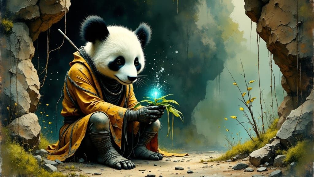 Ninja Panda Hybrid Tending Bioluminescent Plant