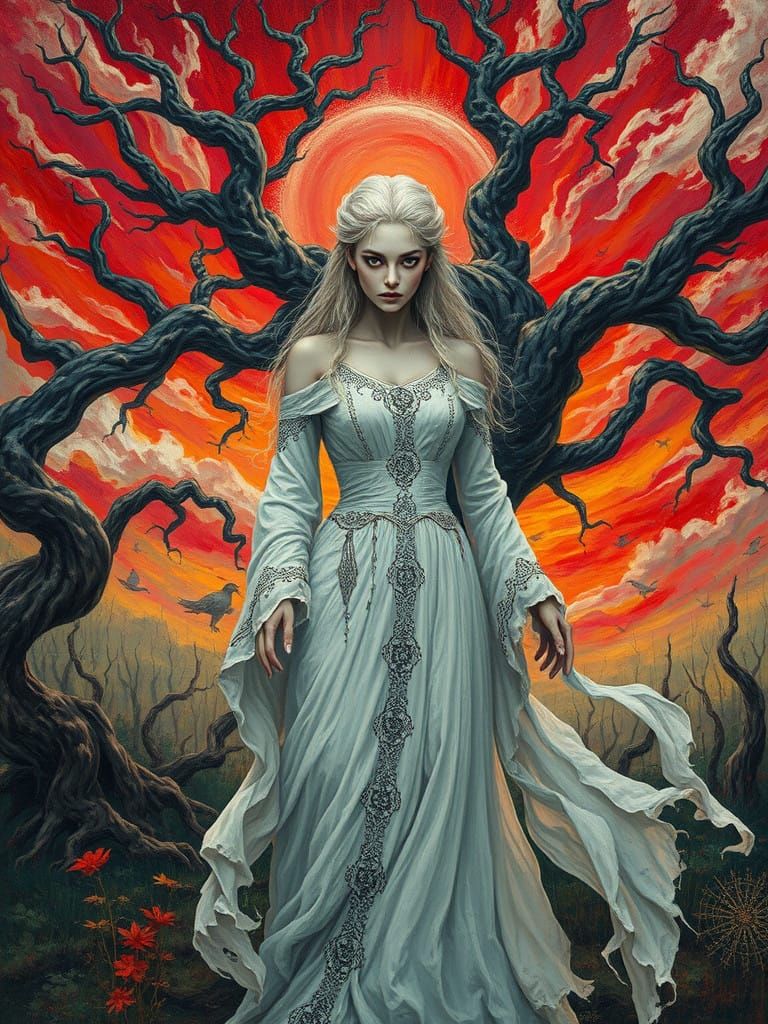 Dreamlike Enchantress in Neo-Primitivist Forest Scene