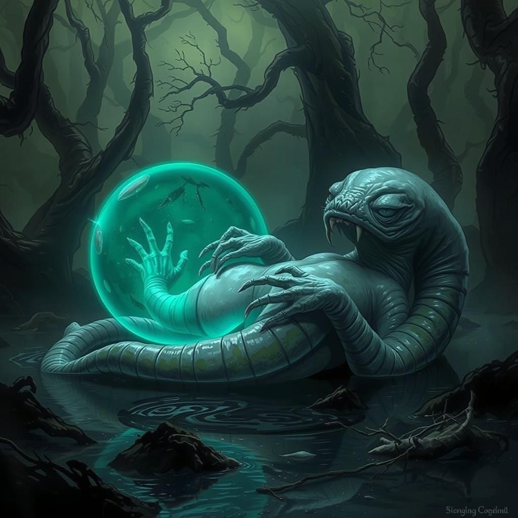 Grotesque Swamp Creature Gazing at Reflection