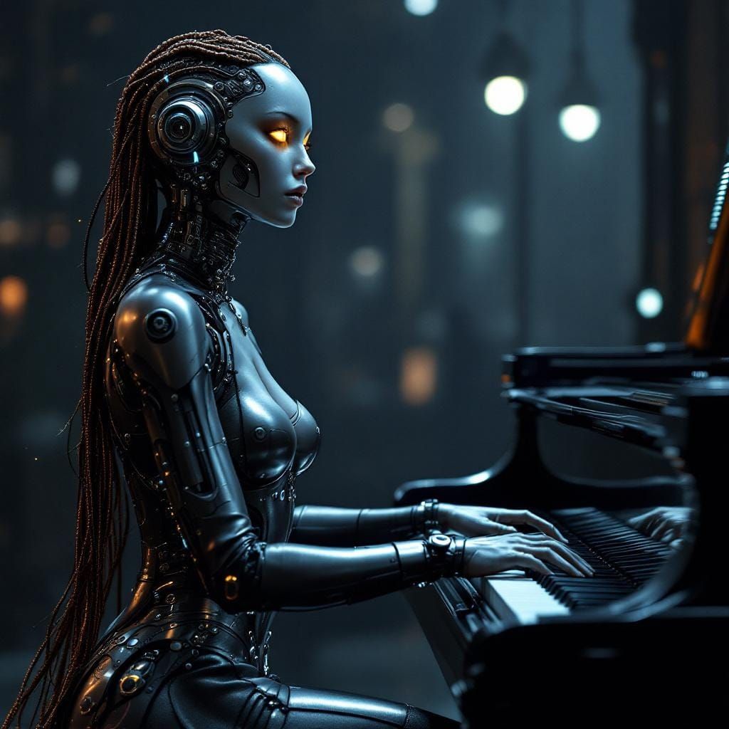 Steampunk Cyborg Plays Piano in Industrial Hall