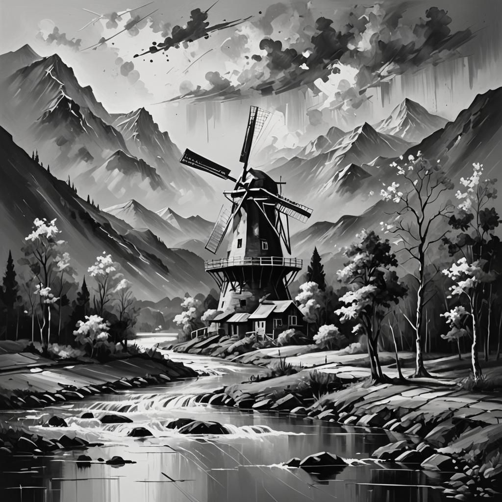 Abstract Black and White Oil Painting of Landscape