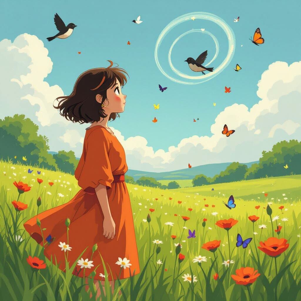 Tiko in Meadow, Miyazaki-Inspired Dreamscape