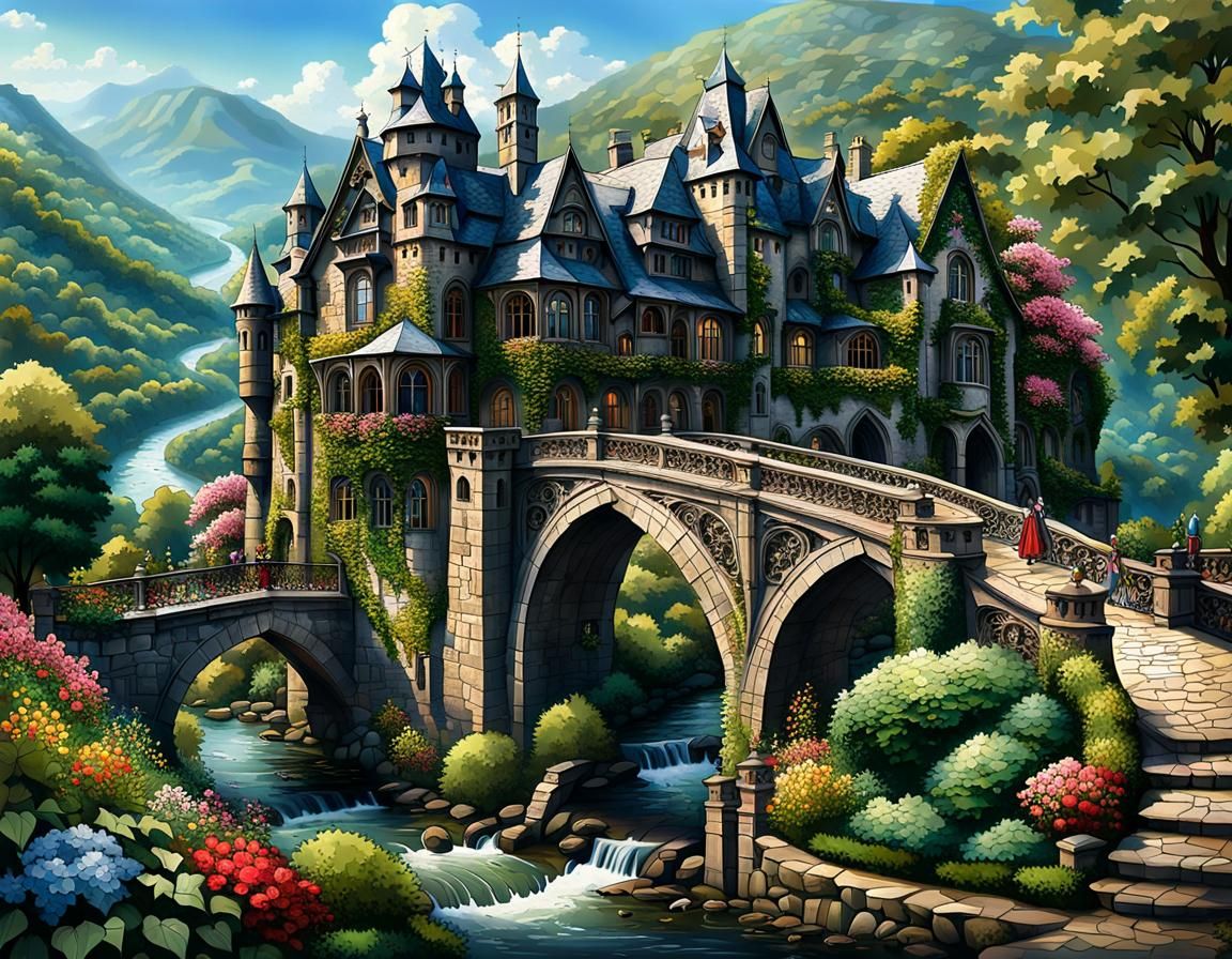 Majestic Mountain Village with Mansion in Gothic Art Deco St...