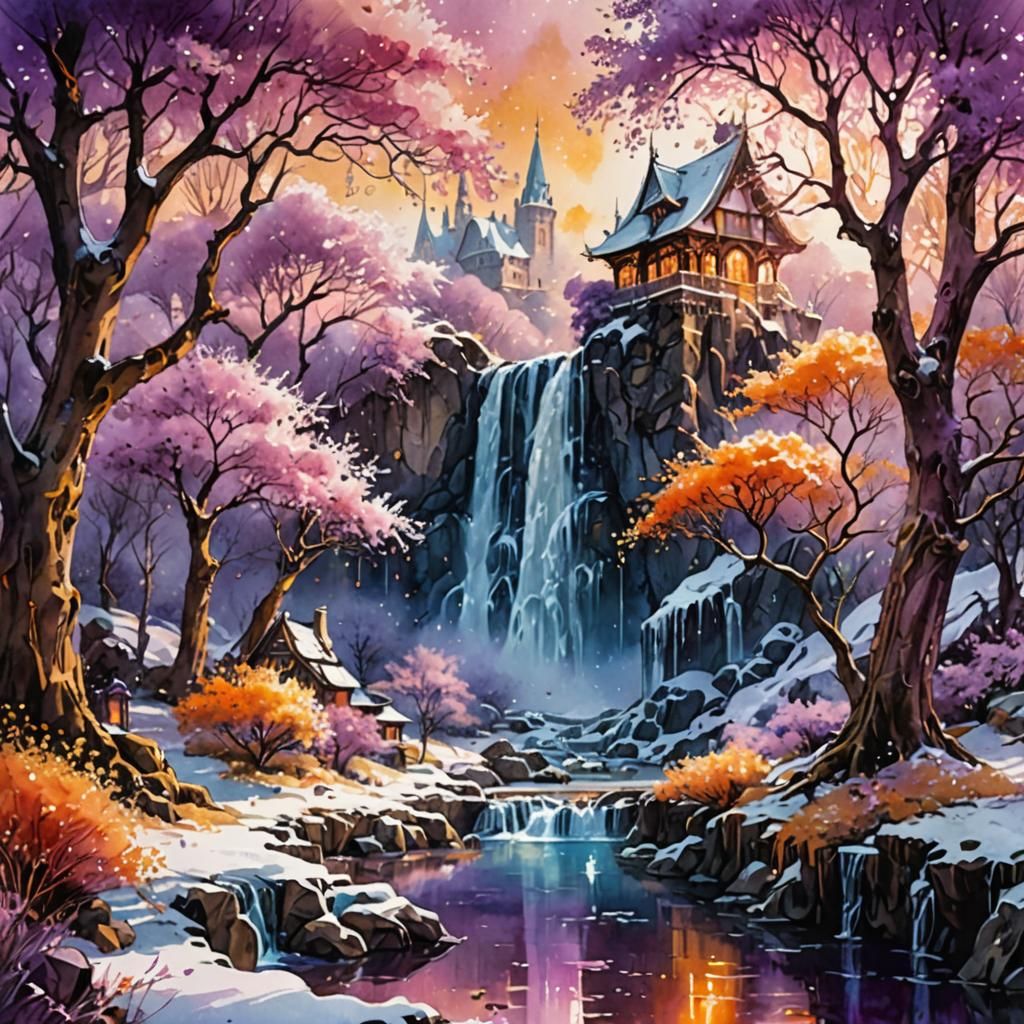 Elven Cherry Trees Beside Frozen Waterfall, Watercolor Style