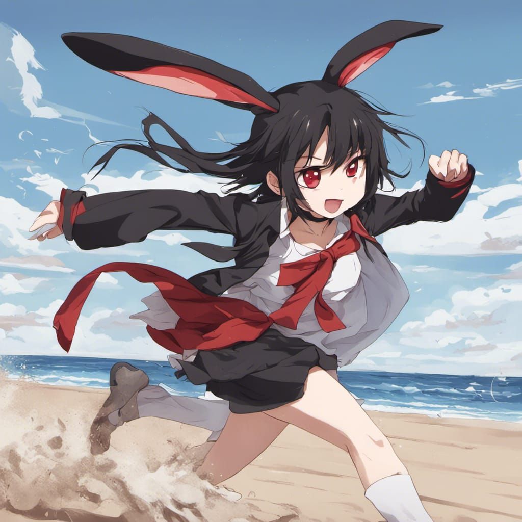 Rabbits Run on the Beach: Anime-Style Illustration