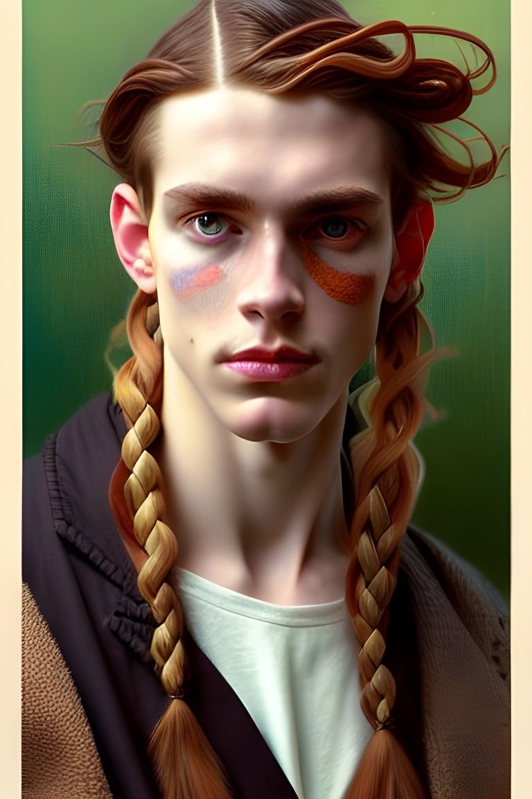 Sensual Androgynous Man with Braided Hair: Photorealistic Po...