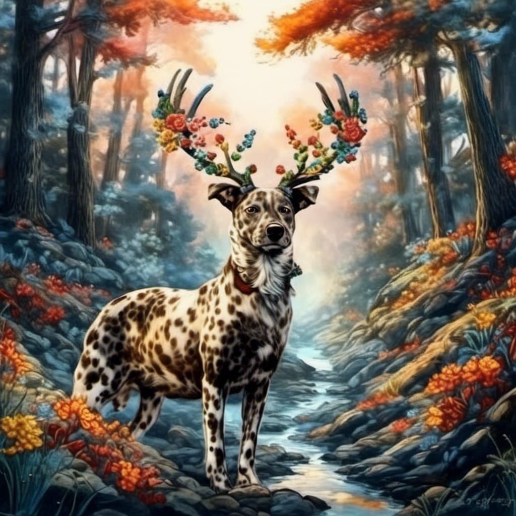 Dog with Floral Antlers Fantasy Illustration