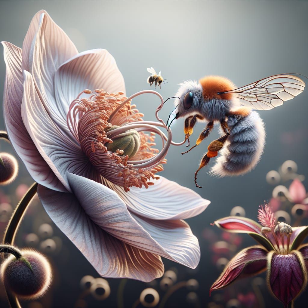 Anthropomorphic Flower Woman Feeds Bumble Bee