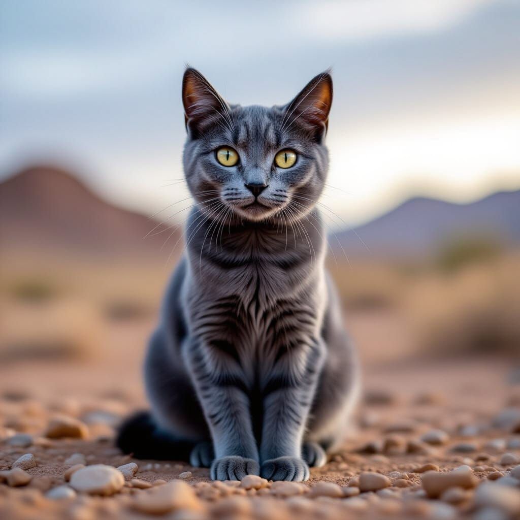 Hyperrealistic Blue Grey Cat in Moody Desert Landscape